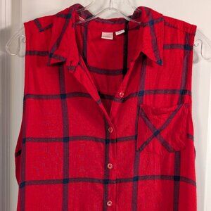 Red sleeveless plaid shirt
